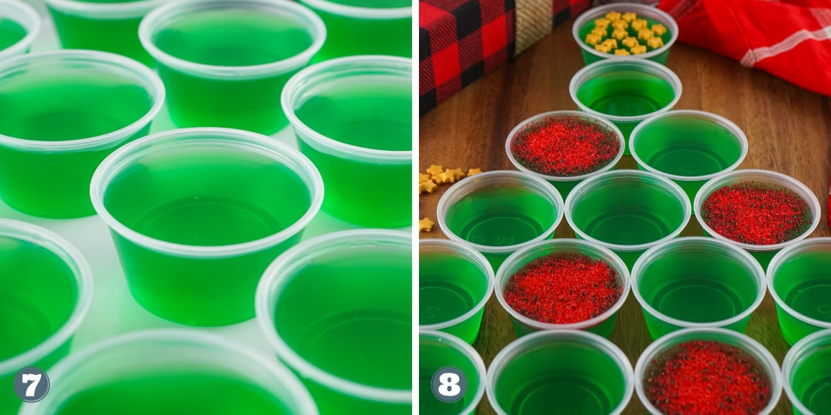 Green jello cups arranged like a Christmas tree.