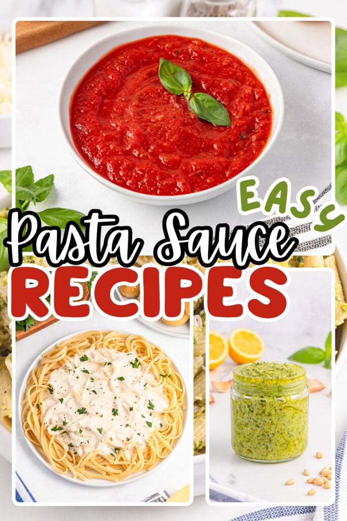 Three pasta sauces: marinara, Alfredo on spaghetti, and pesto in a jar.