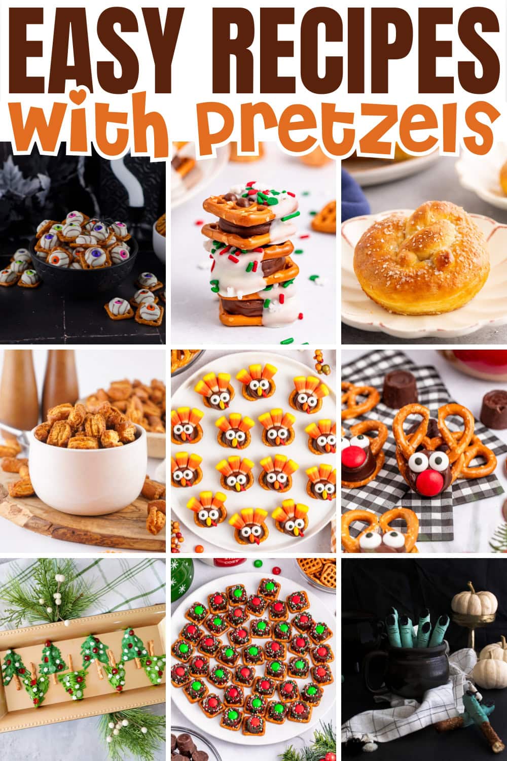Pretzel recipes, including snacks, desserts, and decorated treats.