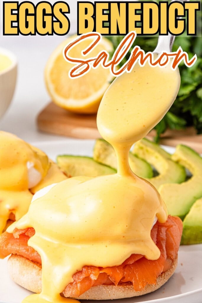 Salmon eggs benedict with hollandaise sauce being spooned on top, avocado slices.