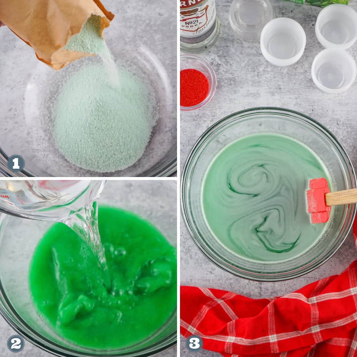 lime powder jello and liquid in bowls to make a green jello shots.