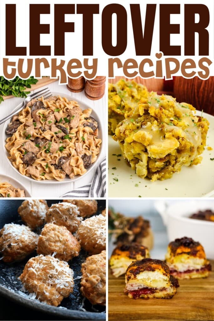 Leftover turkey recipes including pasta, stuffing, fritters, and sliders.