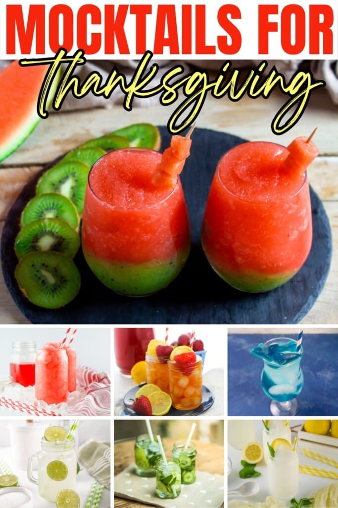 Colorful mocktails in glasses with fruit garnishes.