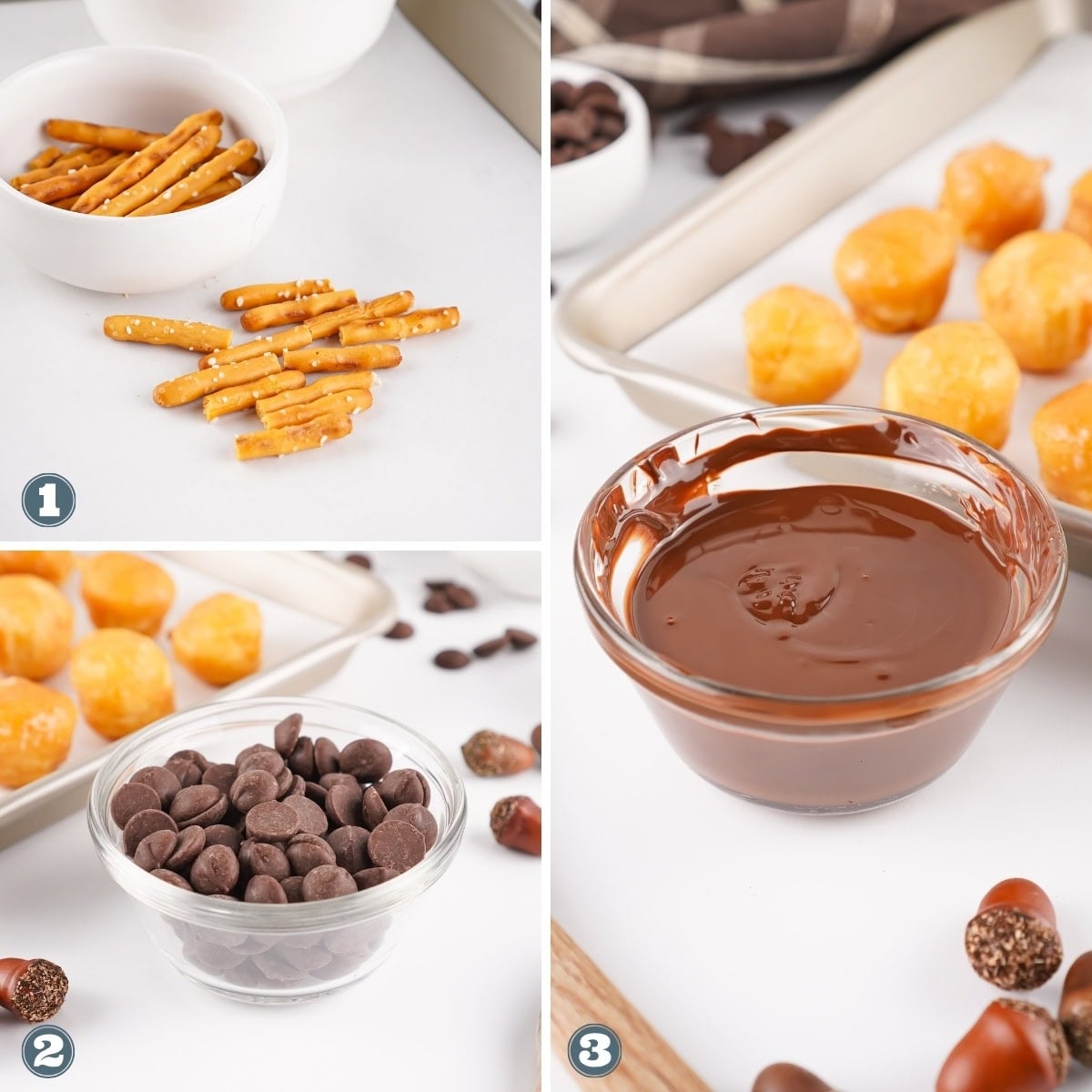 Pretzels, peanut butter balls, chocolate chips, and melted chocolate.