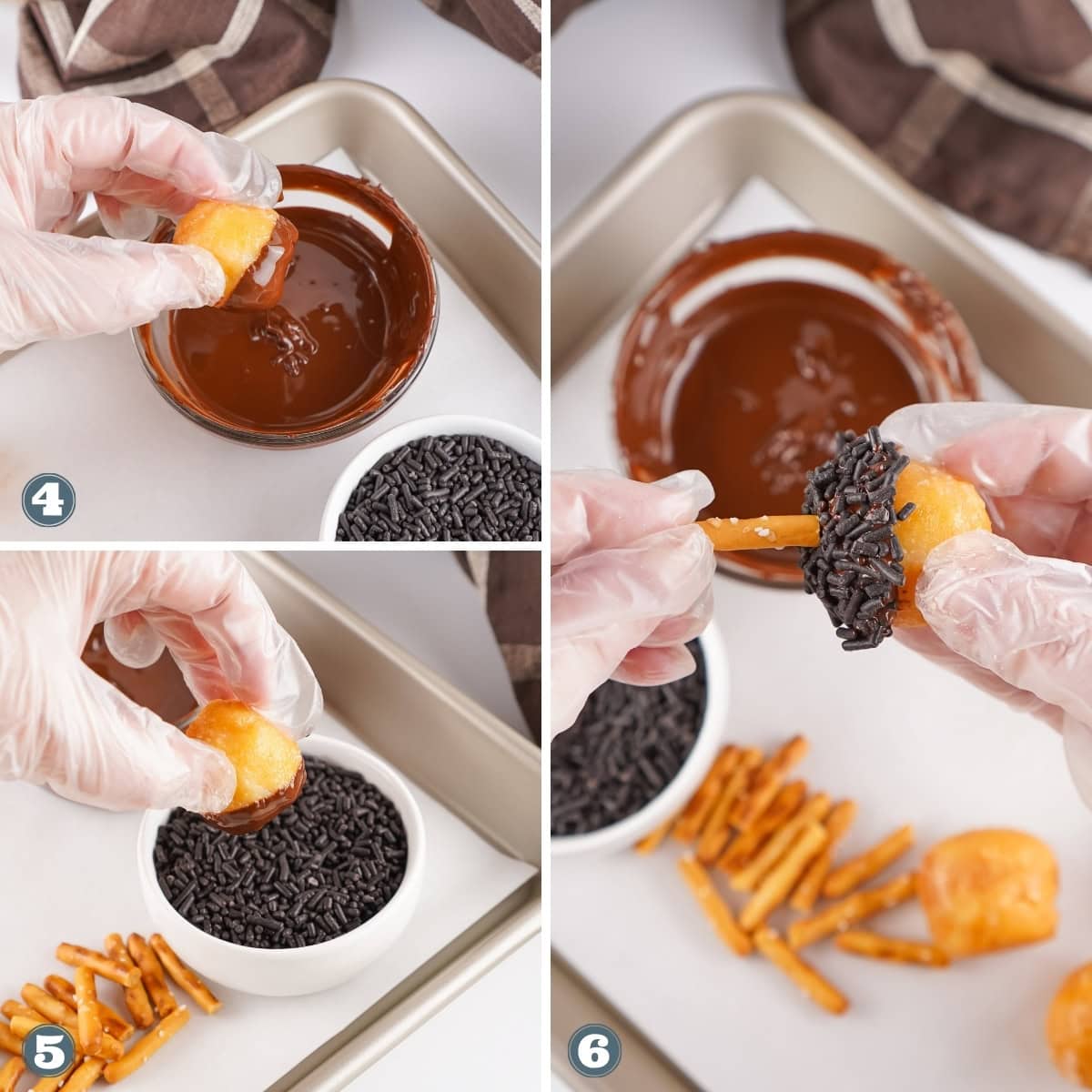 Gloved hands dip treats in chocolate and sprinkles, then add pretzel sticks.