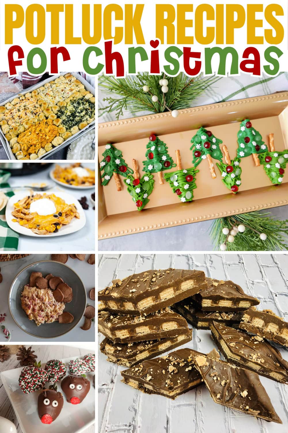 Christmas potluck recipes, including cookies, bark, and casseroles.