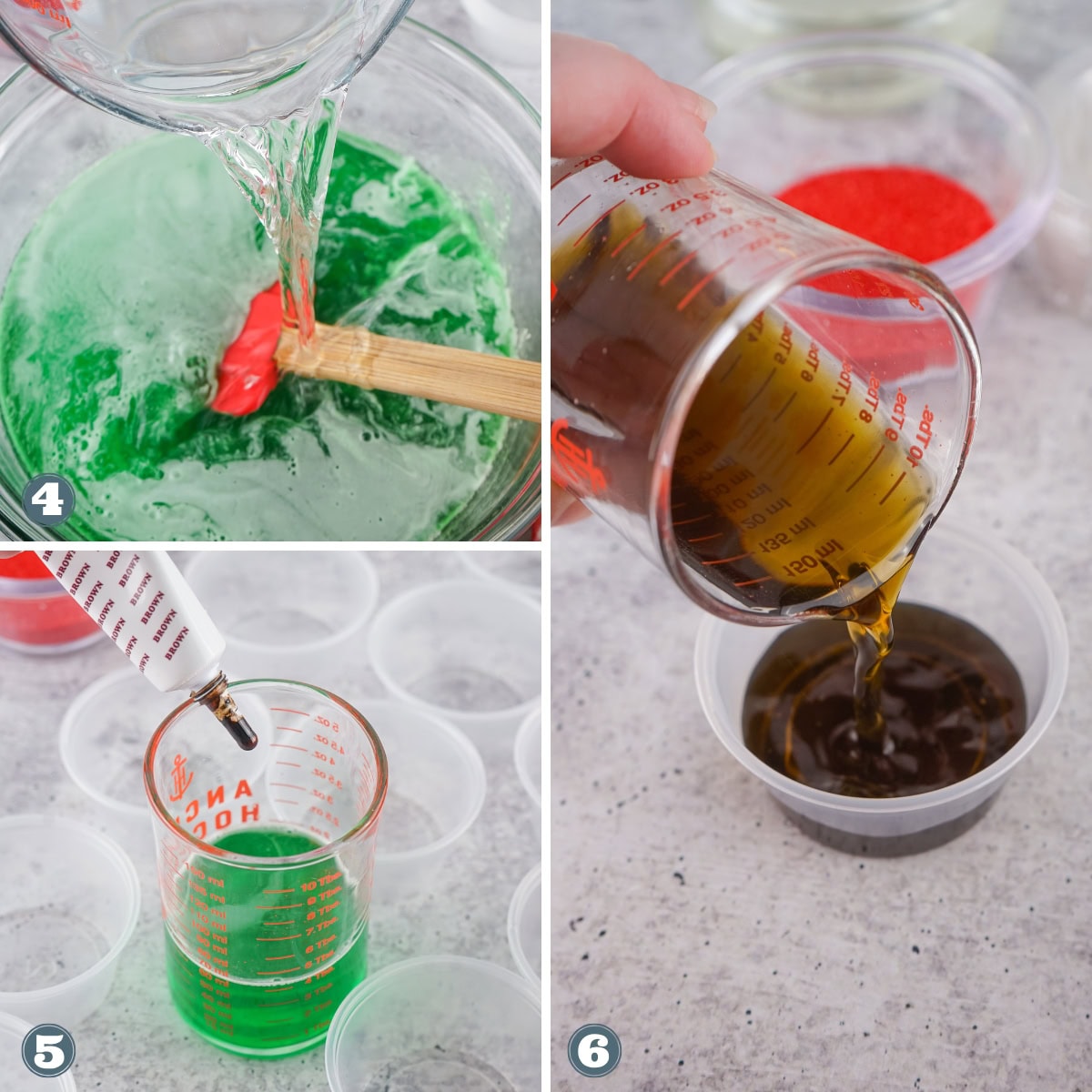Liquids being mixed and poured into measuring cups and containers.