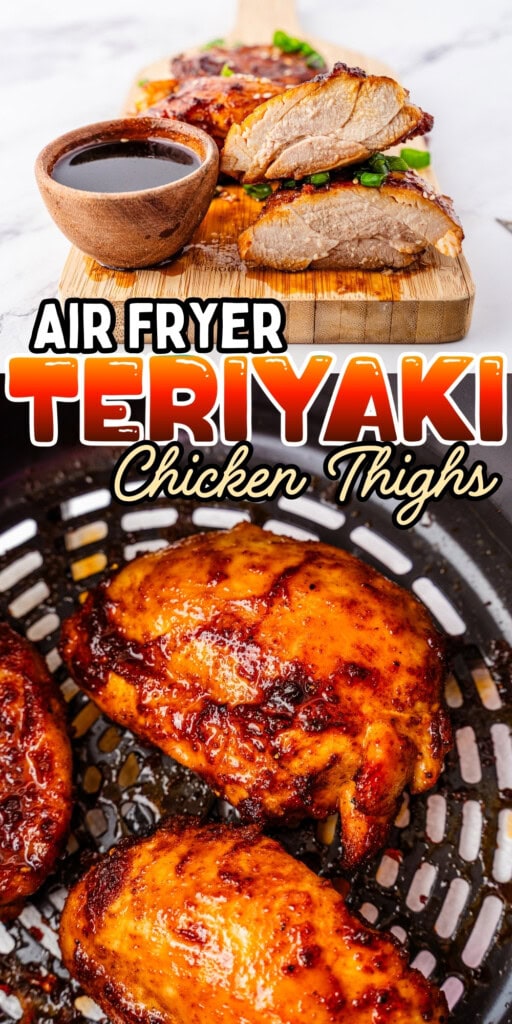 Sliced teriyaki chicken thighs and sauce above whole pieces in an air fryer basket.