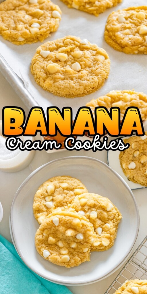 Banana cream cookies with white chocolate chips on plates and a baking tray.