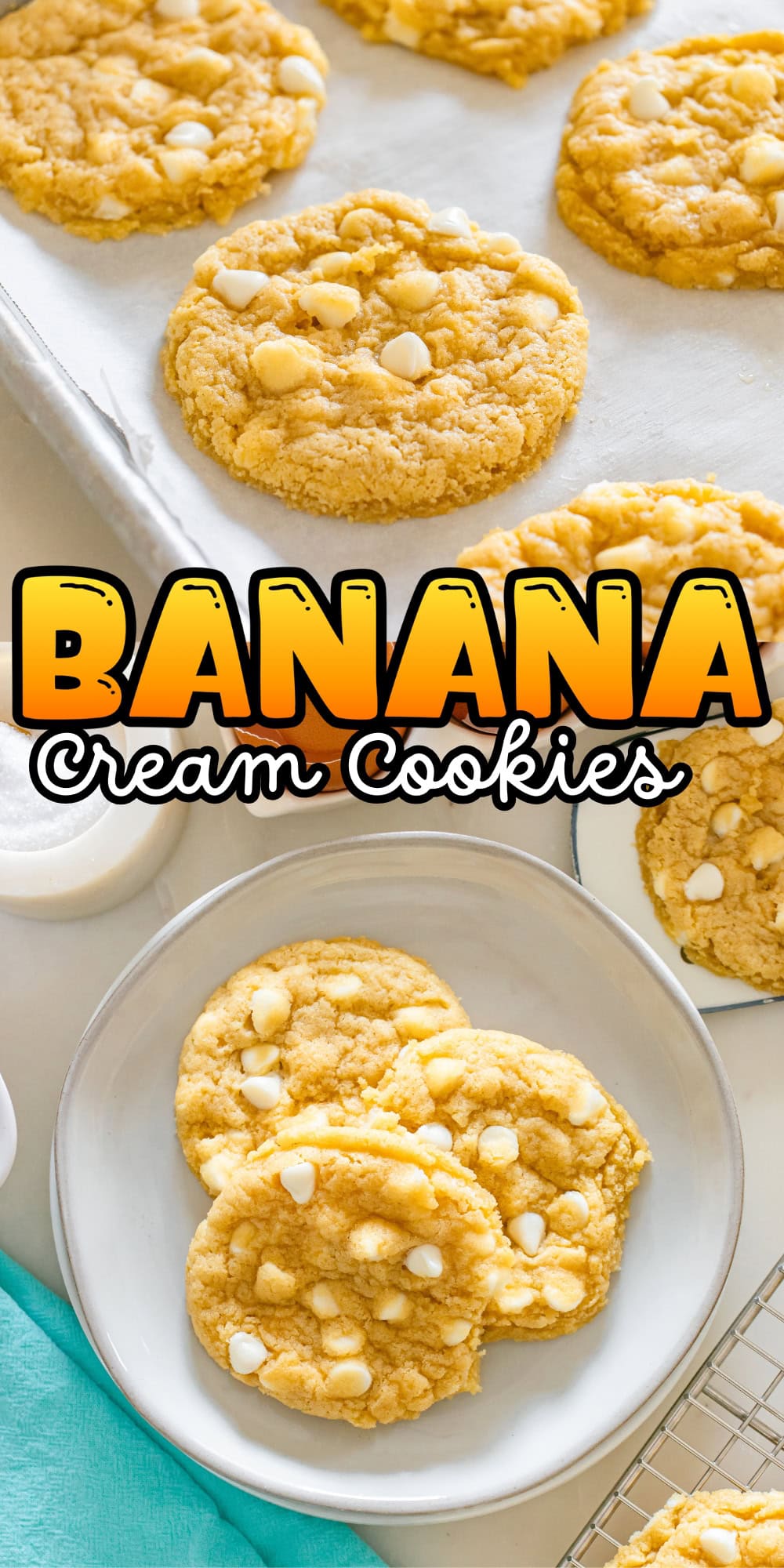 Banana cream cookies with white chocolate chips on plates and a baking tray.