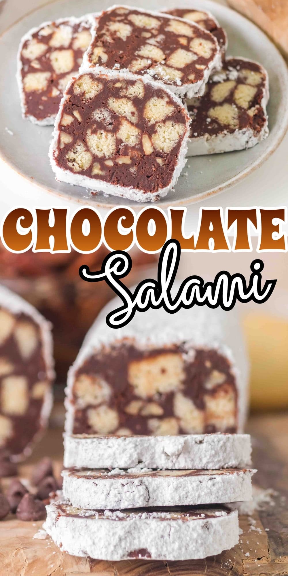 Chocolate salami slices with powdered sugar coating on a plate and wooden board.