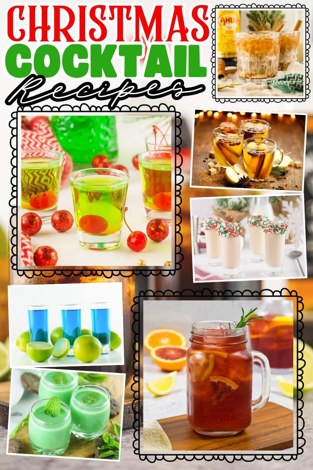Colorful Christmas cocktails in festive glasses and mugs.