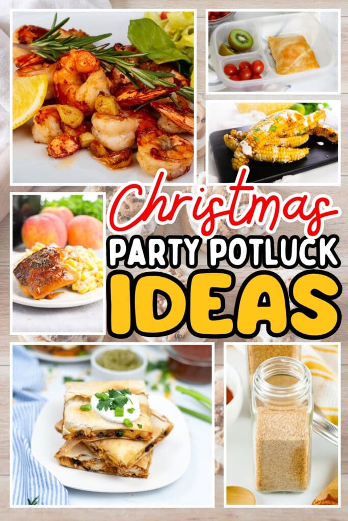 Assorted Christmas party potluck dishes, including shrimp, corn, and dessert bars.