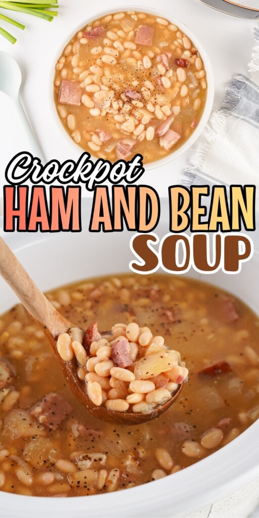 Bowl of ham and bean soup with a wooden spoon.