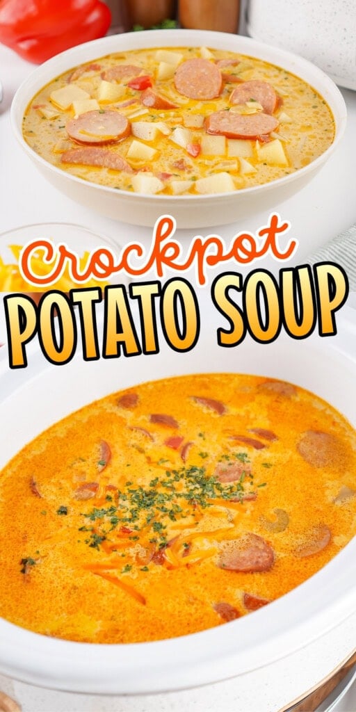 Two bowls of creamy potato soup with sausage, garnished with herbs.