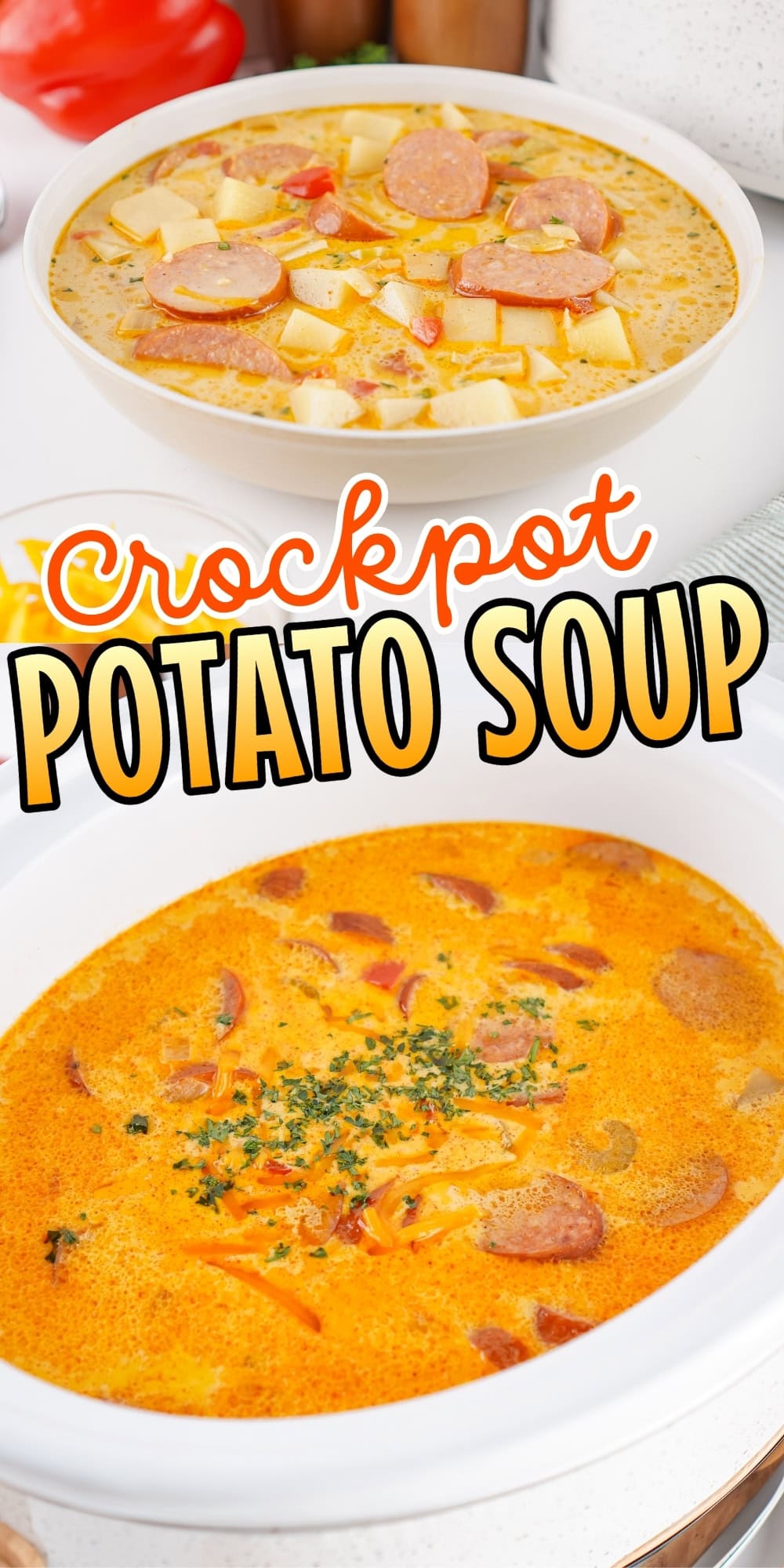 Two bowls of creamy potato soup with sausage, garnished with herbs.