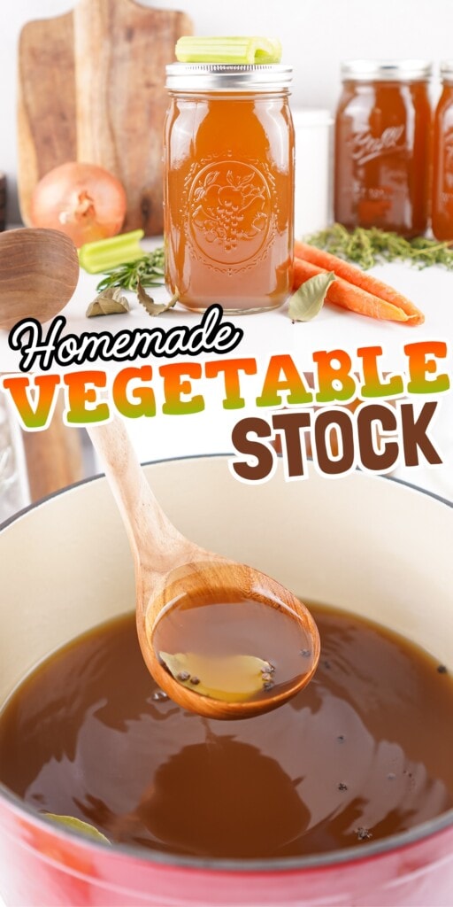 Homemade vegetable stock in a jar and pot with a wooden spoon and vegetables.