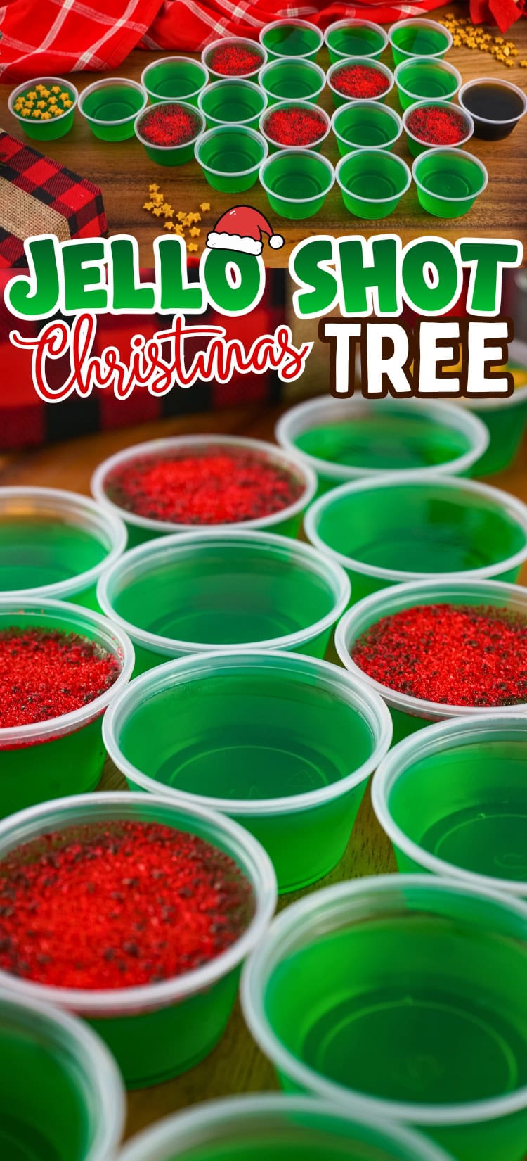 Green jello shots in cups arranged in a Christmas tree shape with red sprinkles.