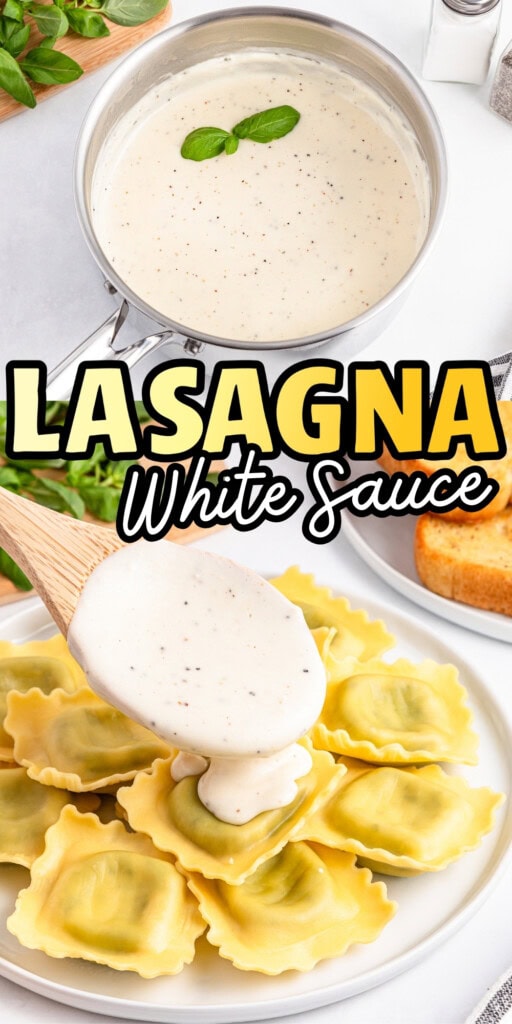 A pot of creamy white sauce and a spoon pouring sauce over ravioli on a plate.