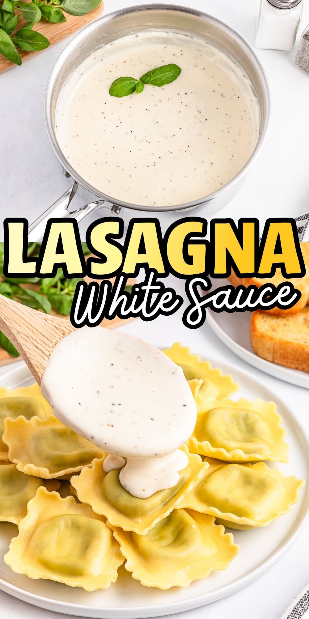 A pot of creamy white sauce and a spoon pouring sauce over ravioli on a plate.