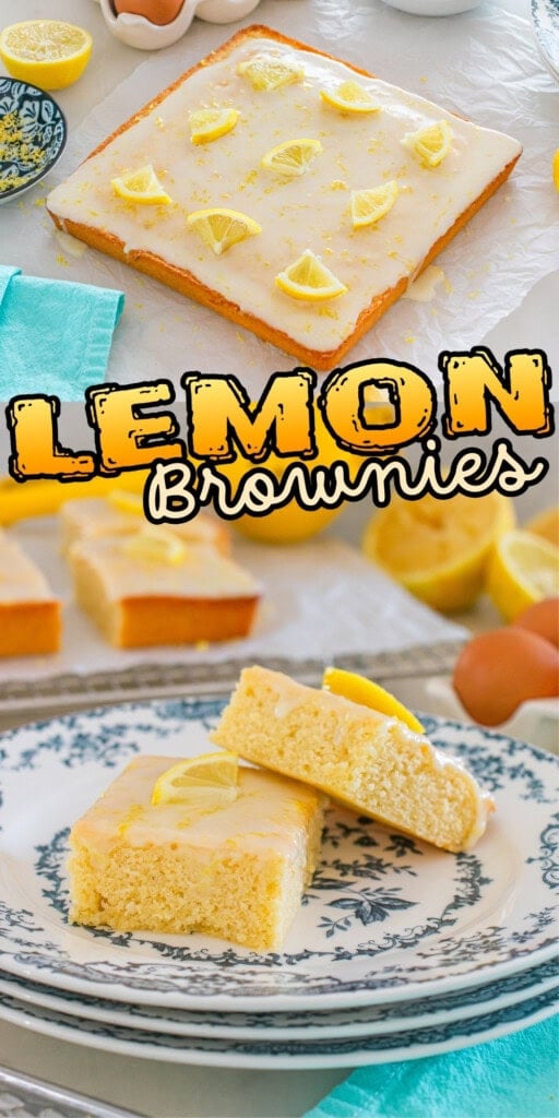 Lemon brownies topped with lemon slices on plates and a tray, ready to serve.