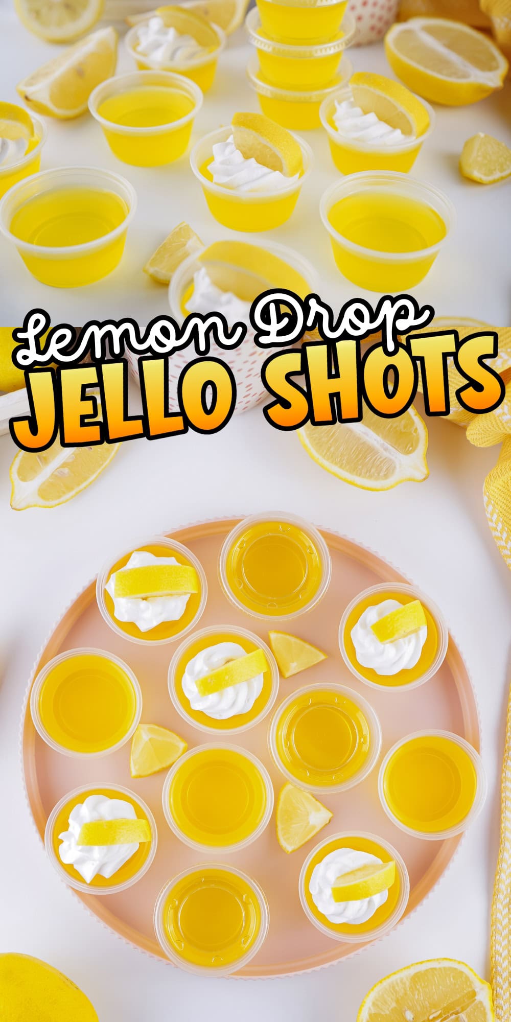 Small yellow jello shots in cups, some topped with whipped cream or lemon slices.