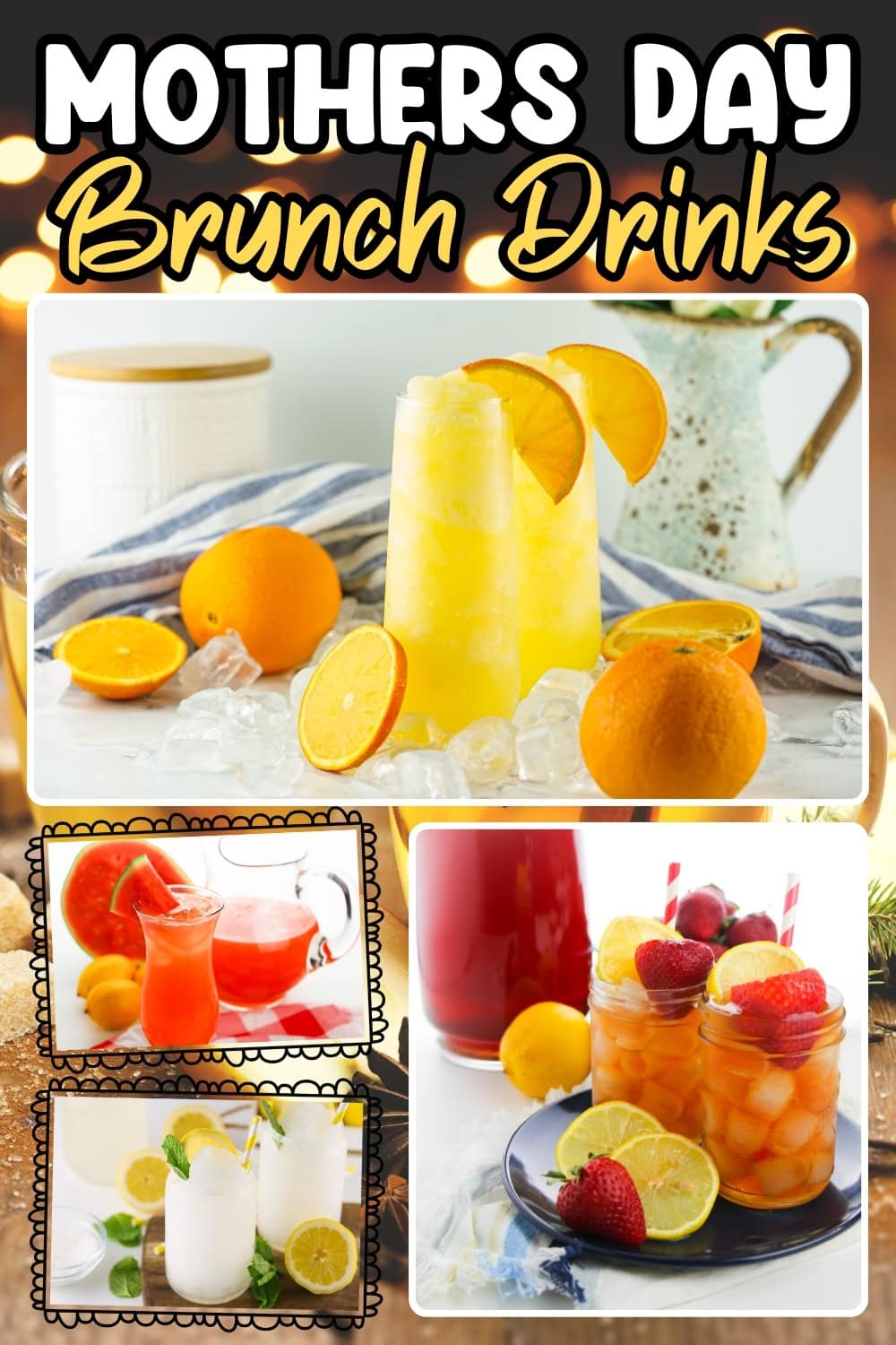 Assorted brunch drinks with oranges, strawberries, and ice, styled for Mothers Day.