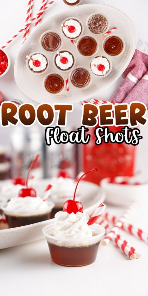 Mini root beer float shots topped with whipped cream and a cherry, with straws.