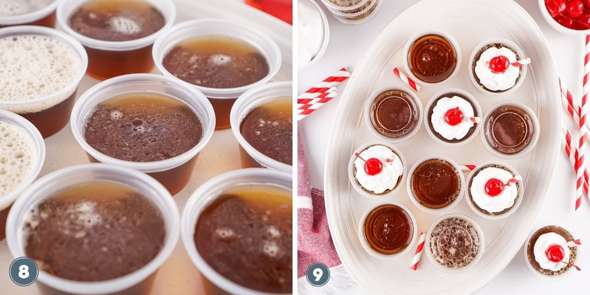 brown gelatin shots, and banana split gelatin shots with cherries.