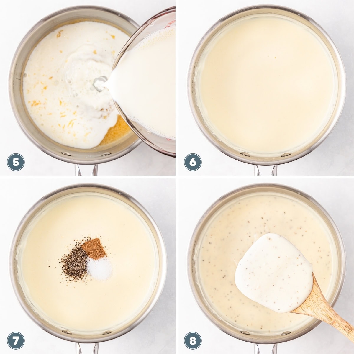 Making a creamy sauce in a saucepan, ending with a thick mixture.