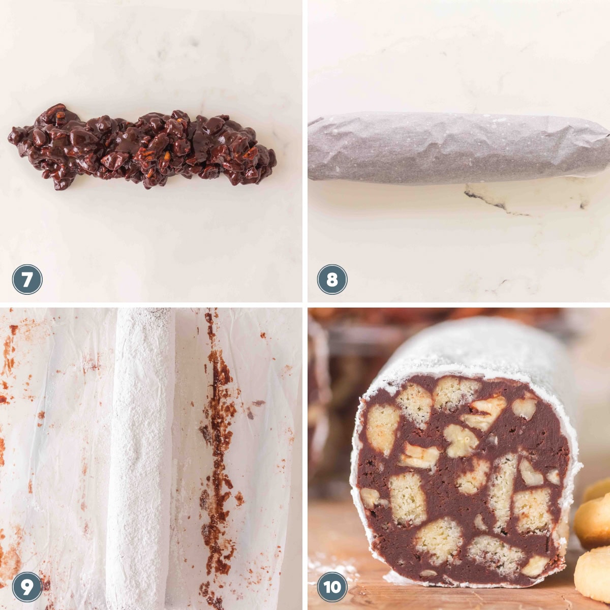 Chocolate biscuit salami shown in preparation and sliced, with visible biscuit pieces.