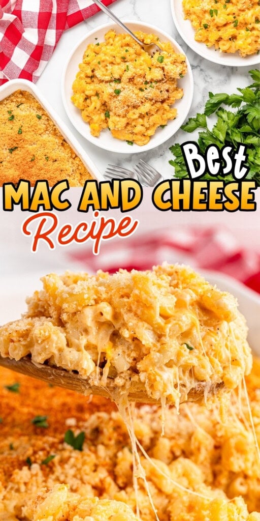 Mac and cheese on a plate and in a dish, topped with breadcrumbs and parsley.