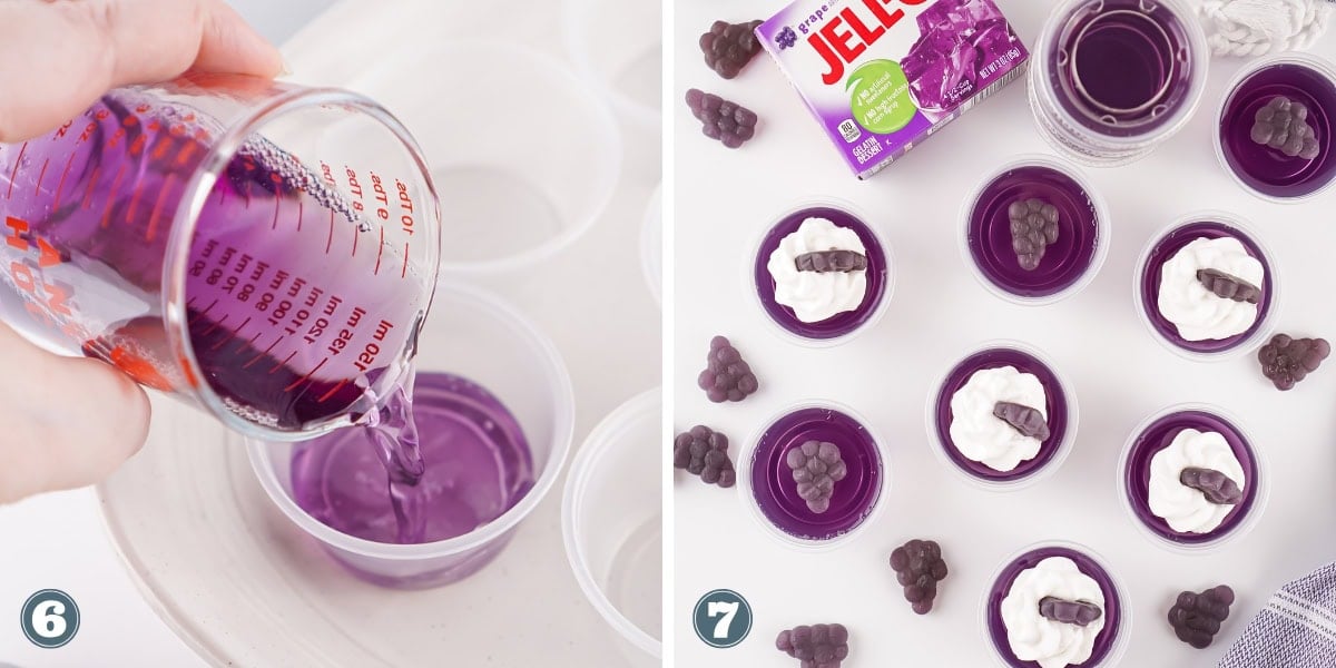 Purple liquid is poured into cups; finished grape Jello cups topped with whipped cream.