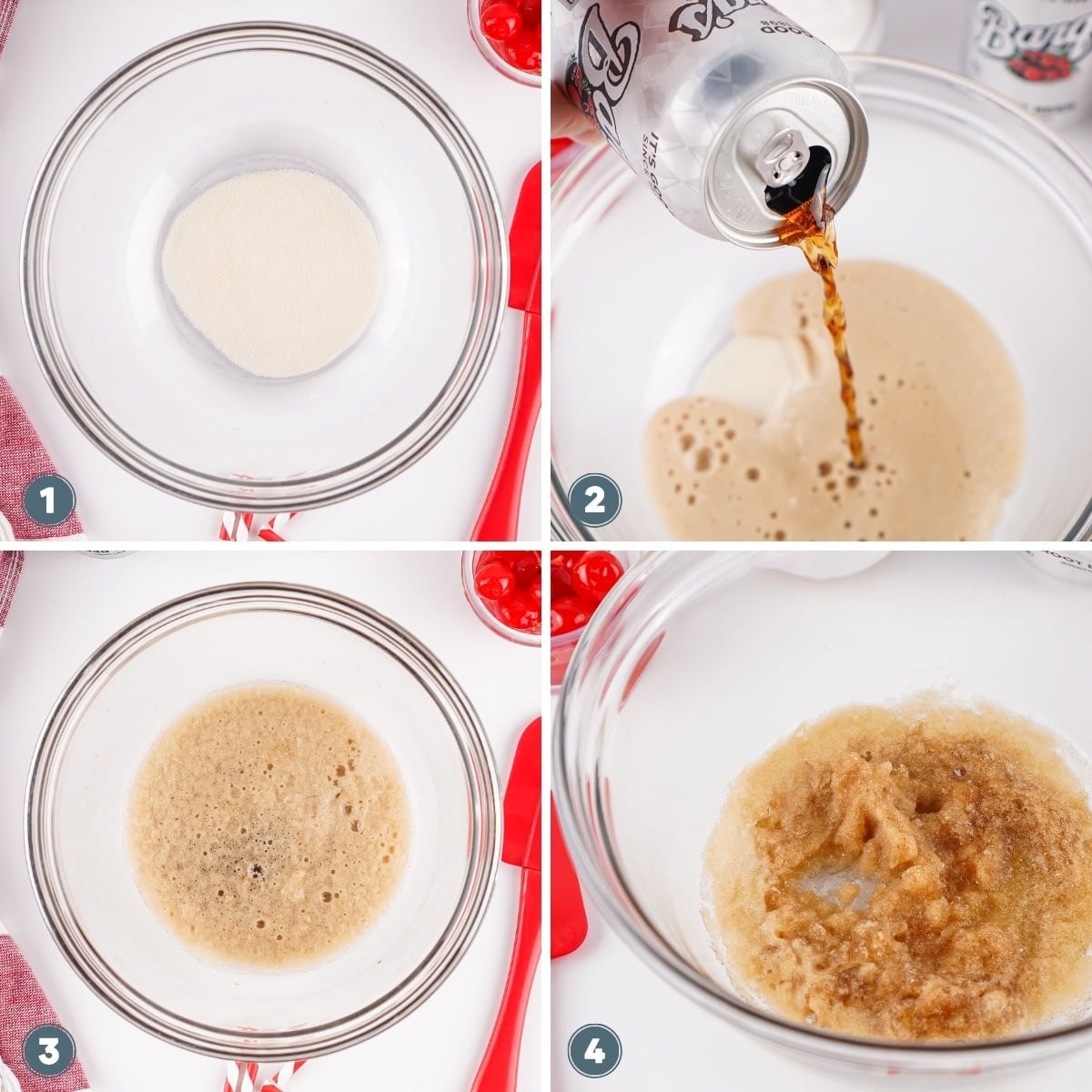 Gelatin and soda being mixed and in a glass bowl.