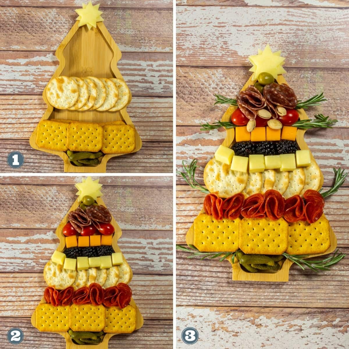 A wooden tree-shaped board with crackers, cheese, meats, and vegetables arranged festively.