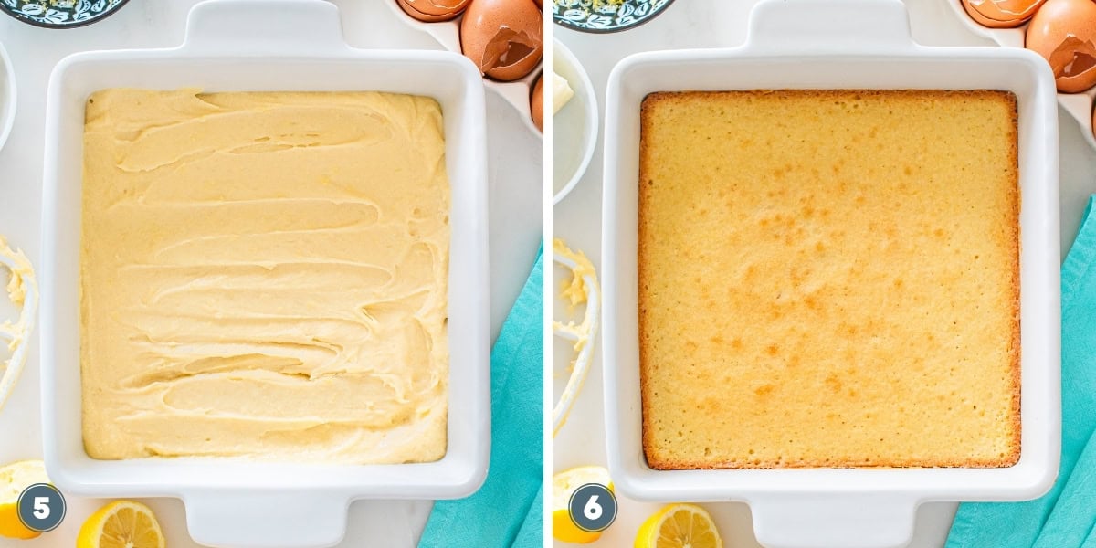 Side-by-side of unbaked and baked yellow cake in a white square baking dish.