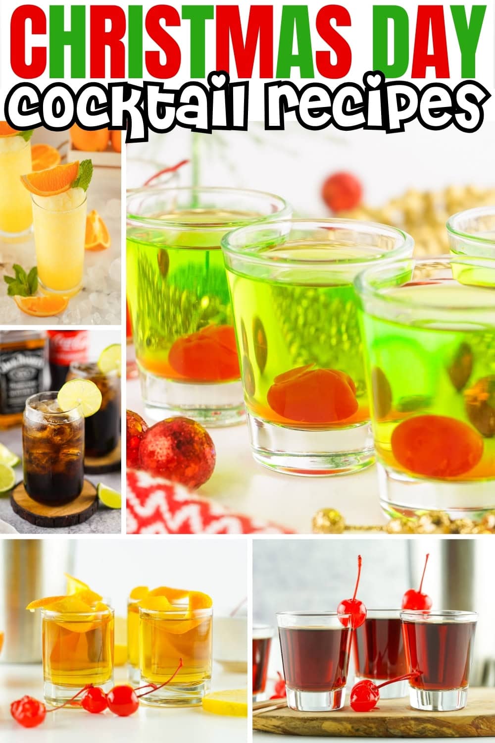 Colorful Christmas cocktails with fruit garnishes and festive decor.