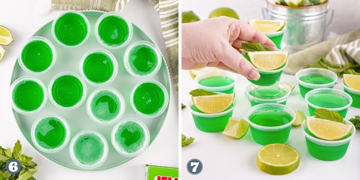 Green jello shots in small cups, garnished with lime and mint, on a tray.