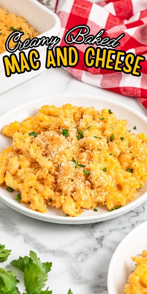 Plate of creamy baked mac and cheese topped with breadcrumbs and parsley.