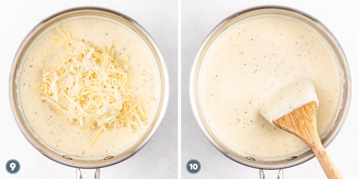 Shredded cheese added to a pot of sauce, then stirred until smooth with a spoon.