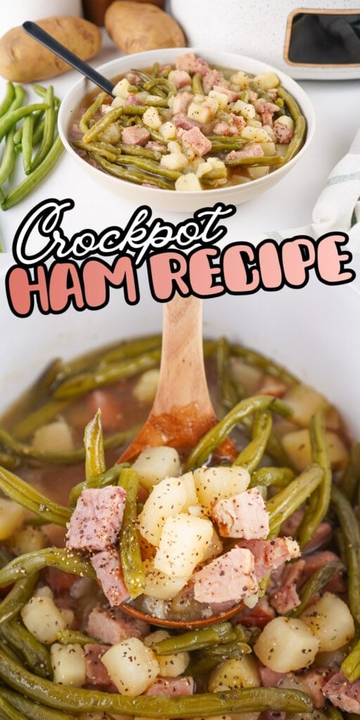 Bowl of crockpot ham, green beans, and potatoes with a wooden serving spoon.
