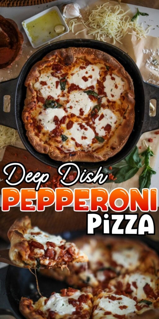 A deep dish pepperoni pizza in a cast iron skillet with melted cheese.