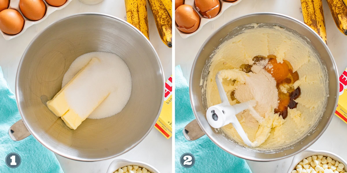 Mixing butter, sugar, and eggs in a metal bowl.