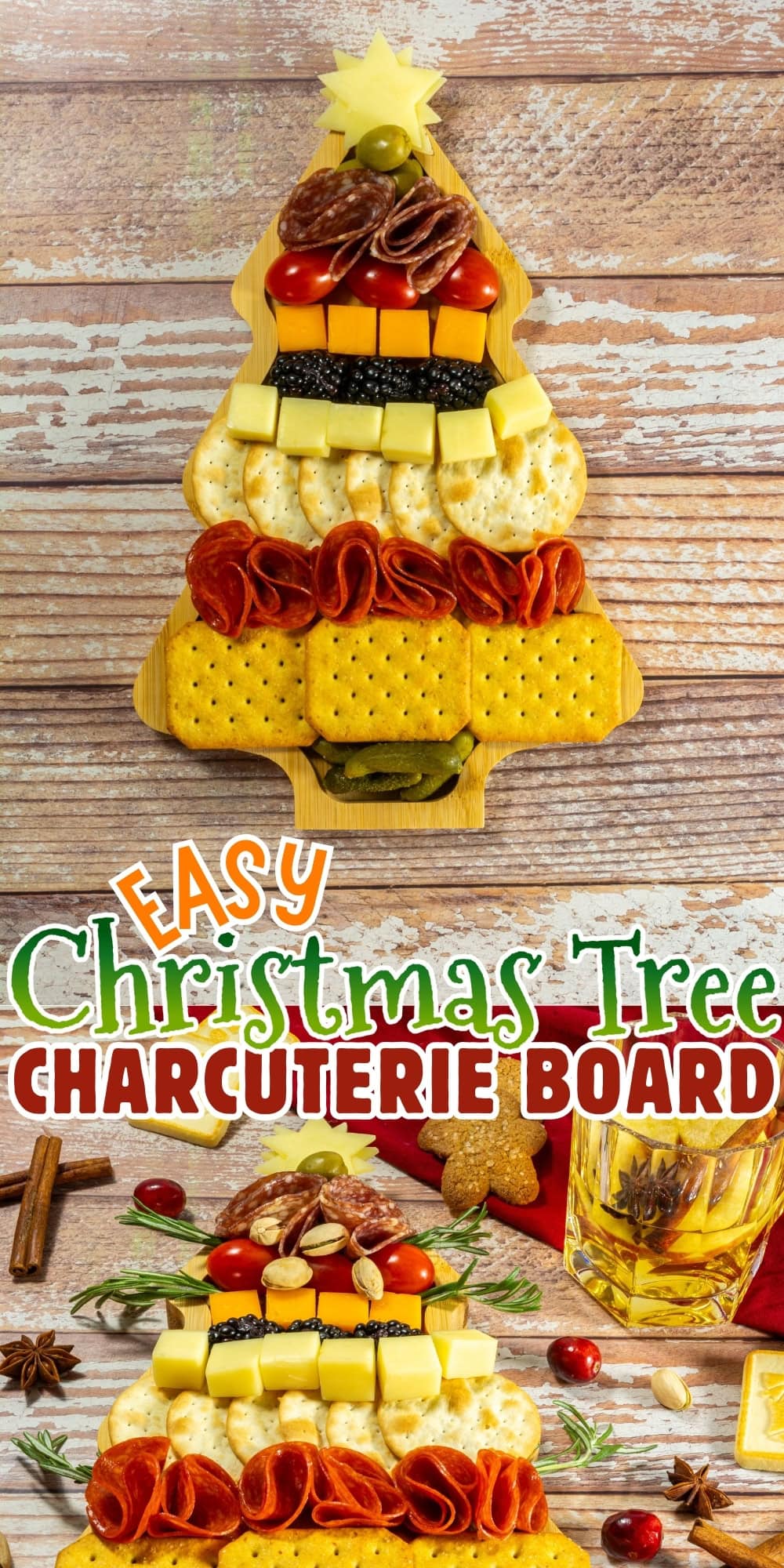 Charcuterie arranged as a Christmas tree on a wooden board with festive decor.