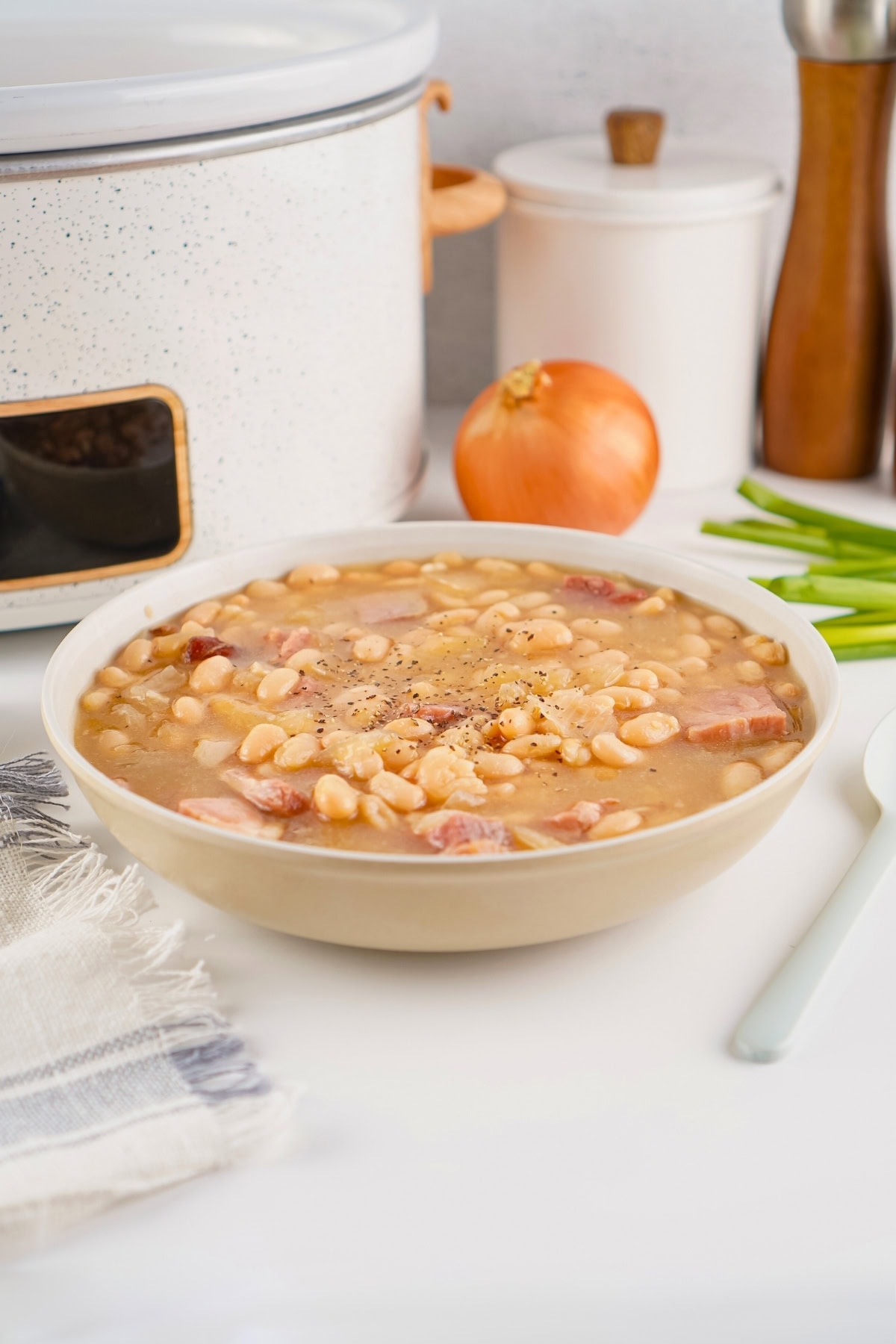 Bowl of white bean soup with ham, surrounded by onion and green onions.