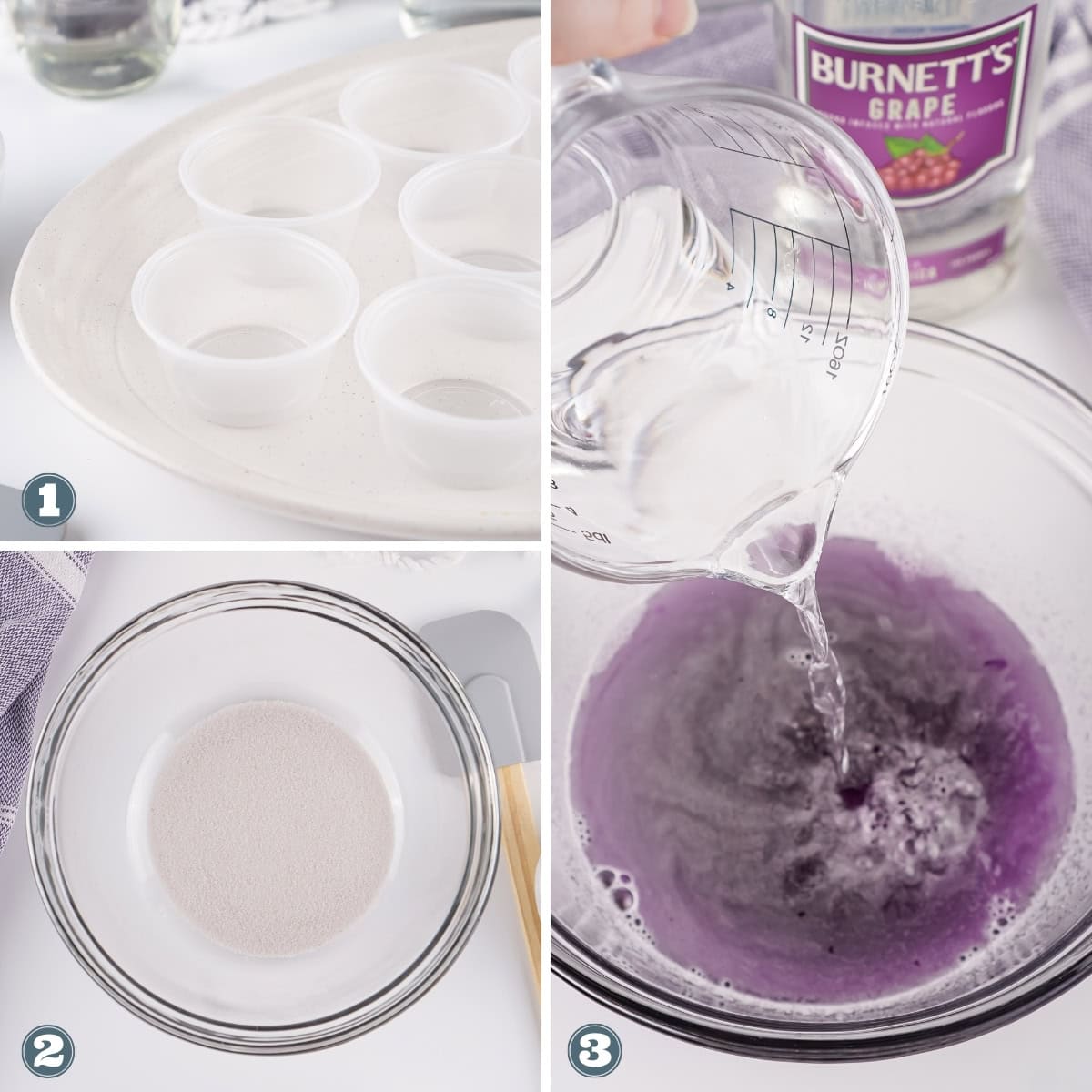 Making grape Jello shots with gelatin and liquid.