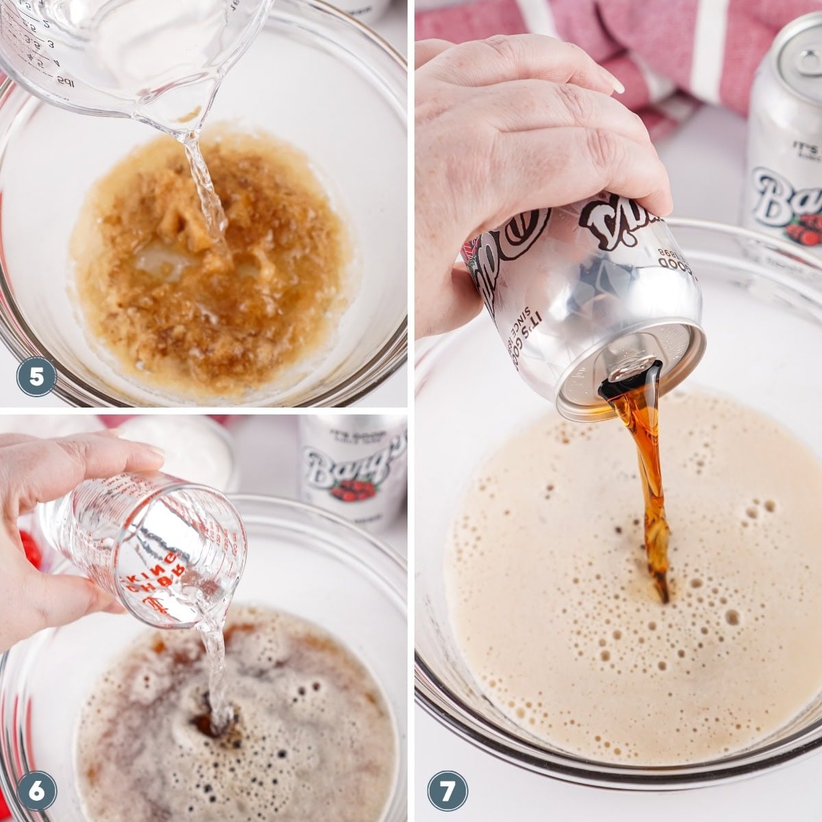 Pouring liquid and soda into a bowl, combining ingredients for a recipe.