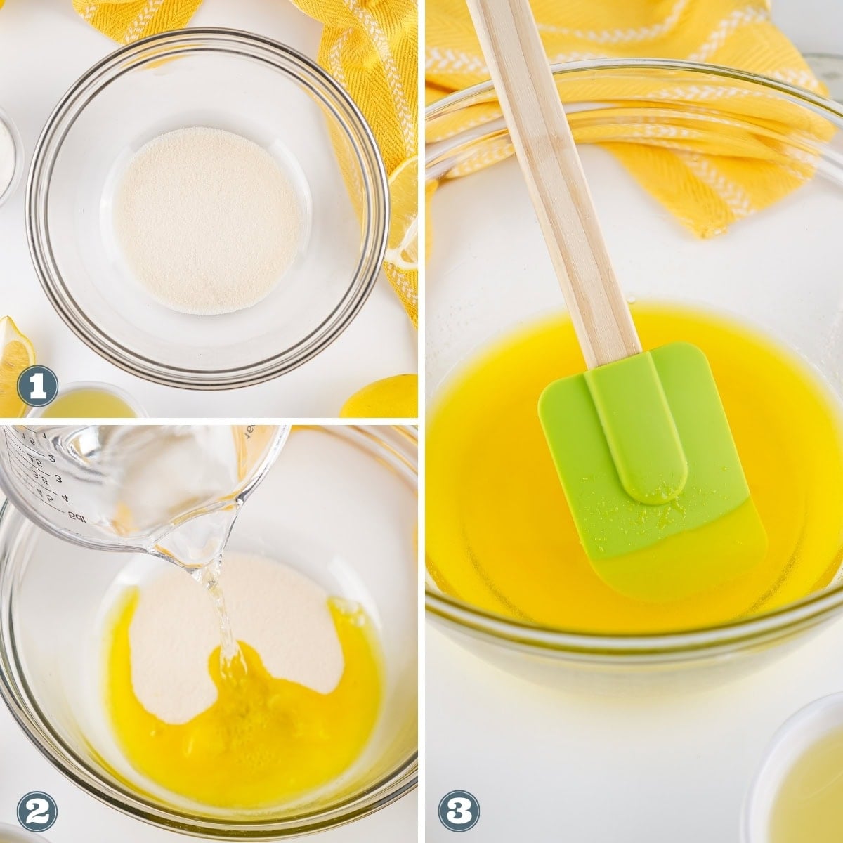 Gelatin in a bowl, water being poured, and a yellow mixture stirred.