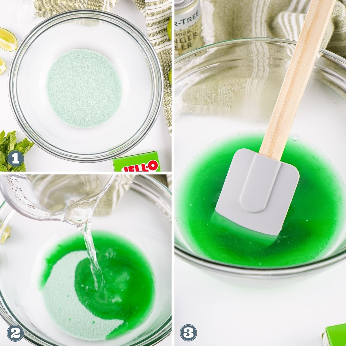 Making green gelatin in a bowl, stirred with a spatula.
