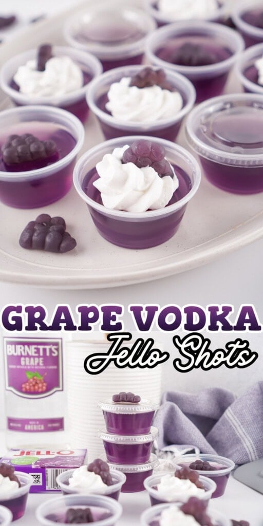 Mini grape vodka jello shots topped with whipped cream and grape gummies.